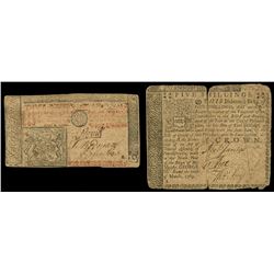 Lot of two colonial notes: New Jersey, 3 pounds, Apr. 8, 1762, serial 3266, and Pennsylvania, 5 shil