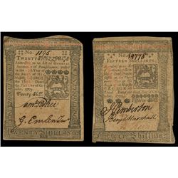 Lot of two Pennsylvania, Oct. 1, 1773-dated notes: 20 shillings, serial 1195, and 15 shillings, seri