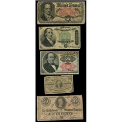 Lot of four USA and one CSA fractional notes, 1863-74.