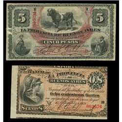 Lot of two Buenos Aires, Argentina, Provincia de Buenos Aires, 1-1-1869 notes: 5 pesos, serial 94669