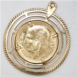Mexico City, Mexico, 10 pesos, 1959, mounted Hidalgo-side out in 14K gold bezel.