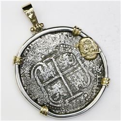 Potosi, Bolivia, cob 8 reales, 1653E, from the Capitana (1654), mounted cross-side out in silver bez