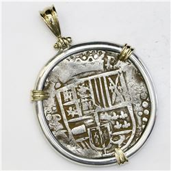 Potosi, Bolivia, cob 8 reales, Philip IV, assayer T, ex-"Panama hoard," mounted cross-side out in si