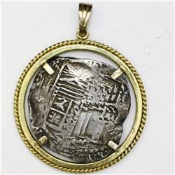 Potosi, Bolivia, cob 4 reales, Philip III, assayer R (curved leg), mounted in 14K gold bezel.