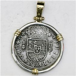 Segovia, Spain, milled 2 reales "pistareen," Philip V, 1721F, mounted in silver bezel with 14K gold 