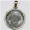 Image 1 : Segovia, Spain, milled 2 reales "pistareen," Philip V, 1721F, mounted in silver bezel with 14K gold 