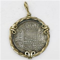 Madrid, Spain, milled 2 reales "pistareen," Philip V, 1723A, mounted cross-side out in rope-style 14