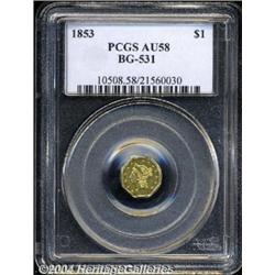 1853[$1] Liberty Octagonal 1 Dollar, BG-530, R.2, AU58 PCGS. Misattributed as BG-531 by PCGS.
