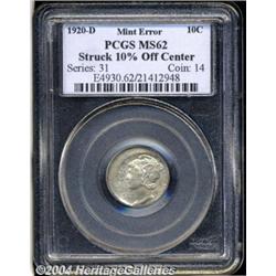 1920-D[10C] Mercury Dime--Struck 10% Off Center--MS62 PCGS.