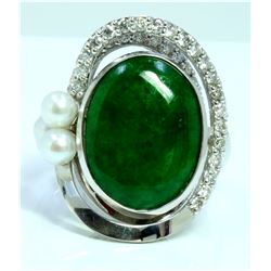 PEARL 3 PCS / JADE  14K WHITE GOLD RING
