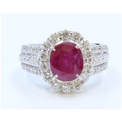 RUBY CENTER OVAL 3.15CT 14K WHITE GOLD RING 7.6GRAM DIAMOND 1.42CT