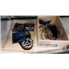 PINE JEWELLERY BOX WITH JEWELLERY AND METAL BAND PATCHES