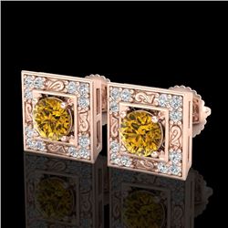 1.63 CTW Intense Fancy Yellow Diamond Art Deco Stud Earrings 18K Rose Gold - REF-176T4M - 38163