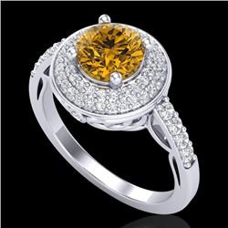 1.7 CTW Intense Fancy Yellow Diamond Engagement Art Deco Ring 18K White Gold - REF-254F5N - 38127