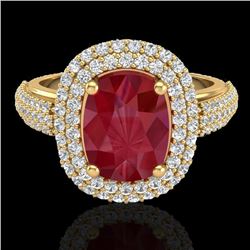 3.50 CTW Ruby & Micro Pave VS/SI Diamond Halo Ring 18K Yellow Gold - REF-143Y6K - 20722