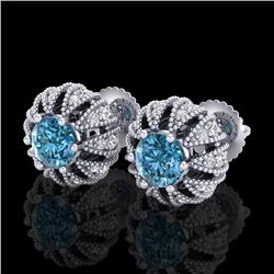 2.01 CTW Fancy Intense Blue Diamond Art Deco Stud Earrings 18K White Gold - REF-210X9T - 37733