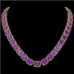 76.69 CTW Amethyst & Diamond Halo Necklace 10K Yellow Gold - REF-711H3A - 41515