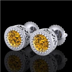 1.09 CTW Intense Fancy Yellow Diamond Art Deco Stud Earrings 18K White Gold - REF-123A6X - 37483