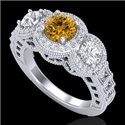 2.16 CTW Intense Fancy Yellow Diamond Art Deco 3 Stone Ring 18K White Gold - REF-270X9T - 37672