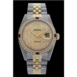 Rolex Ladies Two Tone 14K Gold/SS, Diam Pave Dial & Diam/Ruby Bezel, Sapphire Crystal - REF-497N3A