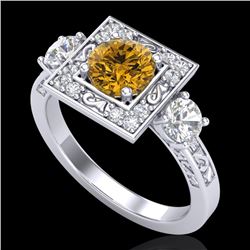 1.55 CTW Intense Fancy Yellow Diamond Art Deco 3 Stone Ring 18K White Gold - REF-178N2Y - 38176