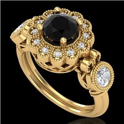 1.5 CTW Fancy Black Diamond Solitaire Art Deco 3 Stone Ring 18K Yellow Gold - REF-170K2W - 37851