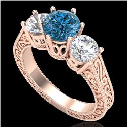 2.01 CTW Fancy Intense Blue Diamond Art Deco 3 Stone Ring 18K Rose Gold - REF-343X6T - 37580