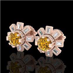 1.77 CTW Intense Fancy Yellow Diamond Art Deco Stud Earrings 18K Rose Gold - REF-236A4X - 37869