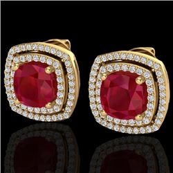 4.95 CTW Ruby & Micro Pave VS/SI Diamond Halo Earrings 18K Yellow Gold - REF-116K4W - 20170