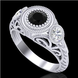 1.06 CTW Fancy Black Diamond Solitaire Art Deco 3 Stone Ring 18K White Gold - REF-123M6H - 37492