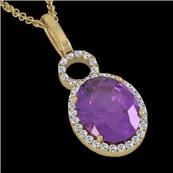 3 CTW Amethyst & Micro Pave Halo VS/SI Diamond Necklace 14K Yellow Gold - REF-45F3N - 22752