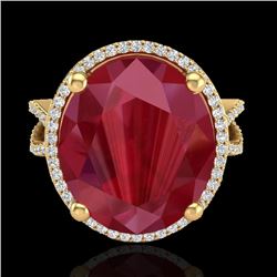 12 CTW Ruby & Micro Pave VS/SI Diamond Halo Ring 18K Yellow Gold - REF-143H6A - 20966