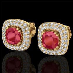 2.16 CTW Ruby & Micro VS/SI Diamond Earrings Solitaire Double Halo 18K Yellow Gold - REF-105K6W - 20
