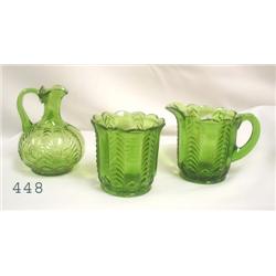3 pc. Green pattern glass - cruet (roug