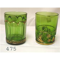 2 green pattern glass tumblers with gol