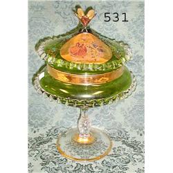 11" covered green and gold compote with