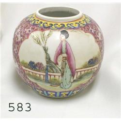4 7/8" oriental jar with paper sticker