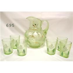 Green enamel decorated water set with 6