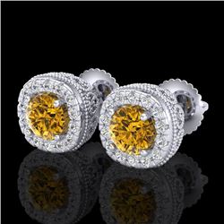 1.69 CTW Intense Fancy Yellow Diamond Art Deco Stud Earrings 18K White Gold - REF-254N5Y - 37994