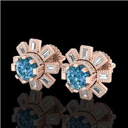 1.77 CTW Fancy Intense Blue Diamond Art Deco Stud Earrings 18K Rose Gold - REF-177H3A - 37867