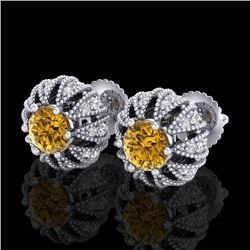 2.01 CTW Intense Fancy Yellow Diamond Art Deco Stud Earrings 18K White Gold - REF-210N9Y - 37735