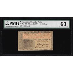 March 25, 1776 New Jersey 12 Shillings Colonial Note PMG Choice Uncirculated 63