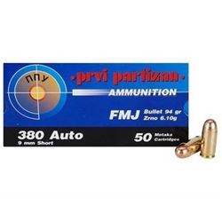 PPR32 PRVI PARTIZAN 380 ACP, 94GR FMJ 50RD BOX, PPU, brass case