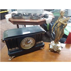 VINTAGE MANTLE CLOCK & ANTIQUE FRENCH FIGURAL STATUE