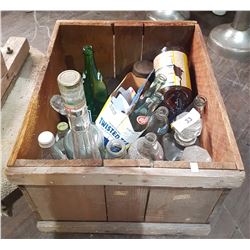 WOODEN CRATE W/MISC POP BOTTLES ETC