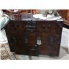 ANTIQUE WOODEN TRUNK W/CAST IRON ACCENTS