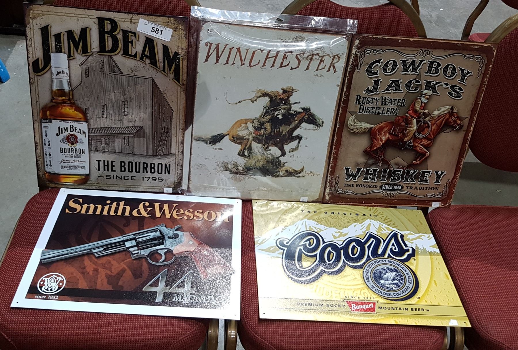 FIVE REPRODUCTION TIN SIGNS