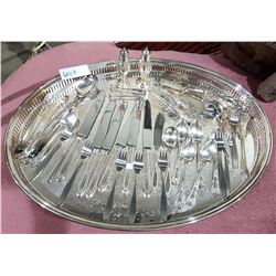 LARGE SILVERPLATE TRAY W/FLATWARE