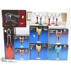 LARGE LOT OF ASSORTED WINE GLASSES INCL DECANTER,