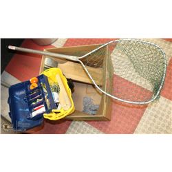 LOT OF  FISHING NET, TACKLE BOX WITH CONTENTS,
